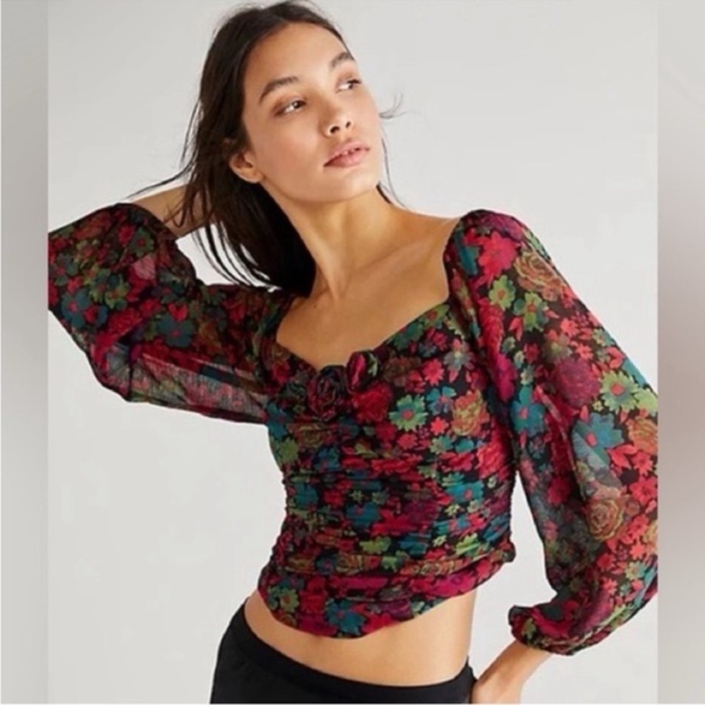Sz S Free People Oh Lala Black Combo Top floral pink green blouse crop